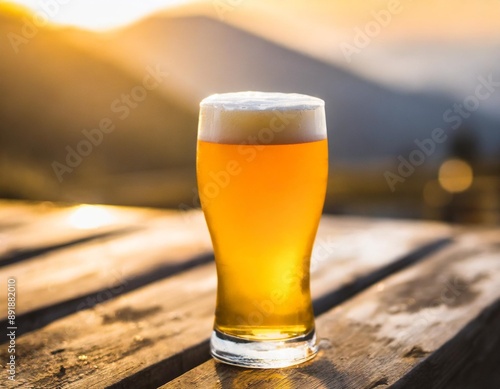 A pint of IPA, hazy unfiltered juicy draft NEIPA beer on wooden background, A glass of India Pale Ale, hazy unfiltered juicy draft beer on wooden surface photo