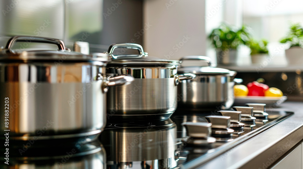 Stainless steel cooking pots placed on a white induction hob in a modern kitchen, ideal for food preparation. Stainless steel cooking pots placed on a white induction hob in a modern kitchen, ideal for food preparation.