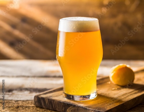 A pint of IPA, hazy unfiltered juicy draft NEIPA beer on wooden background, A glass of India Pale Ale, hazy unfiltered juicy draft beer on wooden surface photo