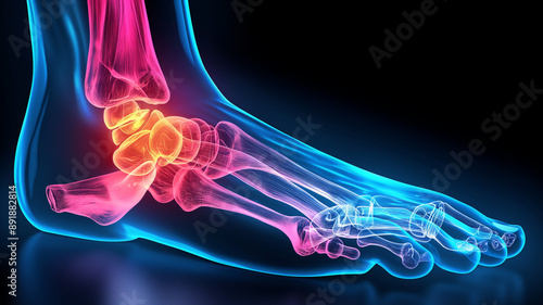 3D illustration of a human foot with highlighted bones, showing inflammation or injury in the ankle area, used to represent pain, medical conditions, or anatomy.