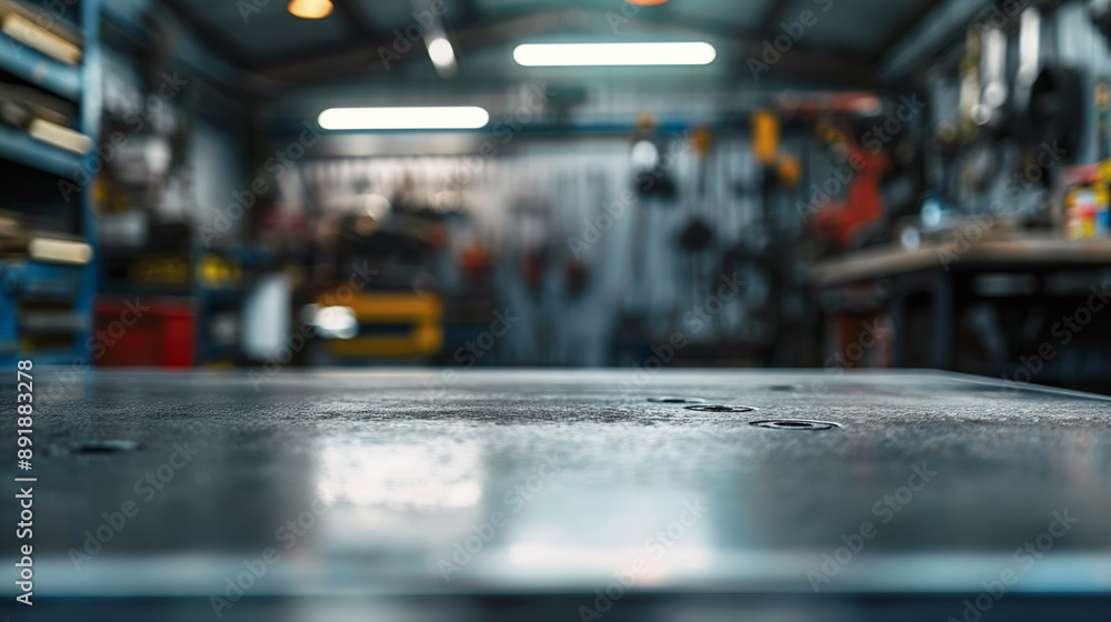 A metal blank tabletop with blurred automotive tools and parts in the background suitable for promoting automotive products A metal blank tabletop with blurred automotive tools and parts in the background suitable for promoting automotive products