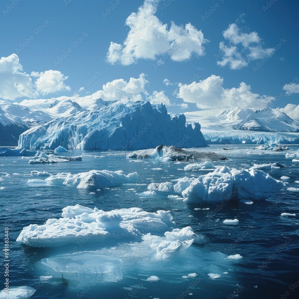 Majestic Arctic Landscape with Icebergs in Bright Sunlight under a Blue Sky with Clouds Highlighting the Beauty of the Polar Region Majestic Arctic Landscape with Icebergs in Bright Sunlight under a Blue Sky with Clouds Highlighting the Beauty of the Polar Region