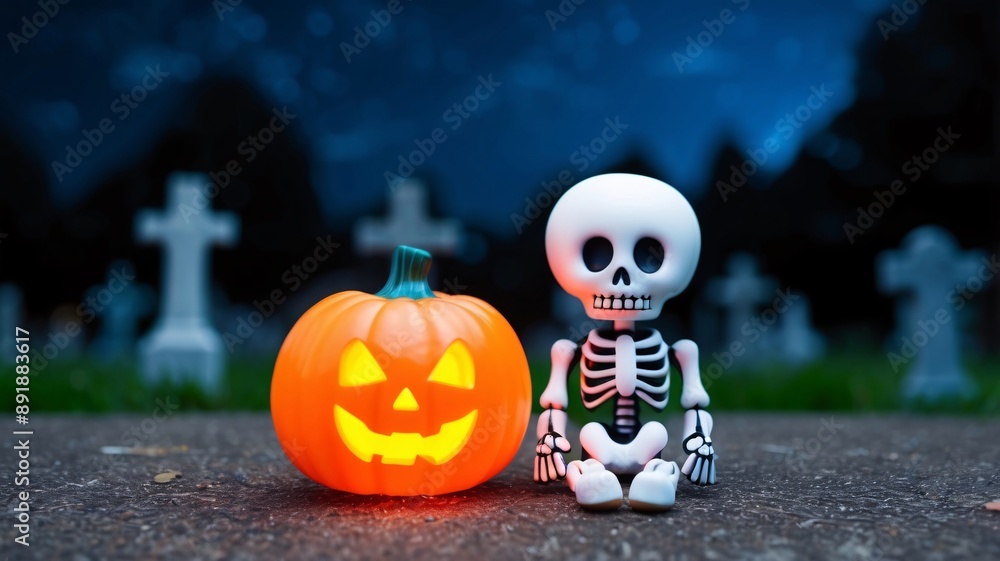 Cute skeleton toy seated next to a glowing Halloween pumpkin with a blurred cemetery background. Cute skeleton toy seated next to a glowing Halloween pumpkin with a blurred cemetery background.