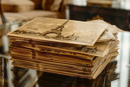 A stack of vintage postcards from around the world, each depicting iconic landmarks in sepia tones, arranged on a glass tabletop photo