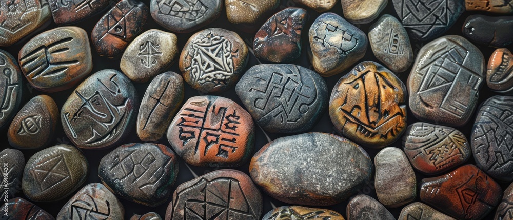 Fototapeta premium A collection of rocks with various symbols and writing on them