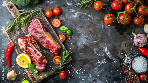 Fresh Raw Meat with Vegetables and Spices on Wooden Board