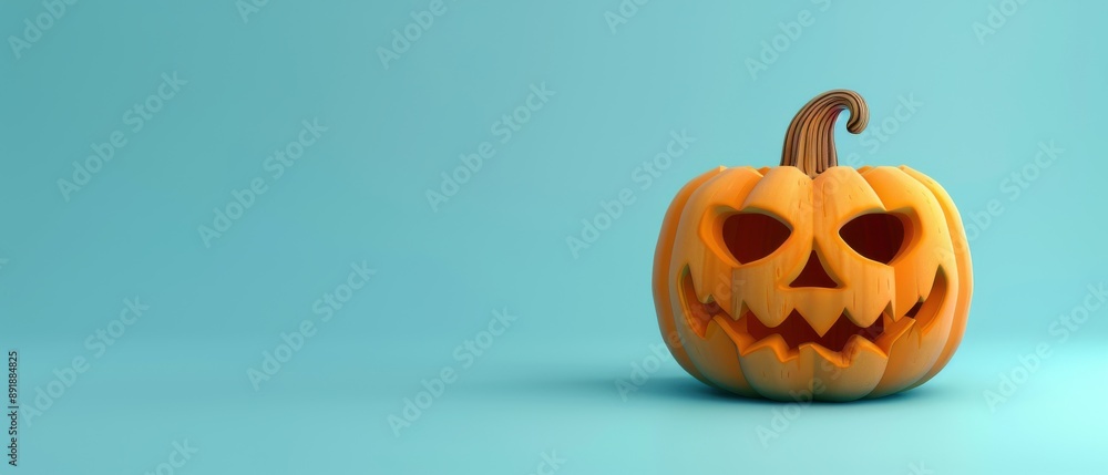 A pumpkin with a scary face is on a blue background A pumpkin with a scary face is on a blue background