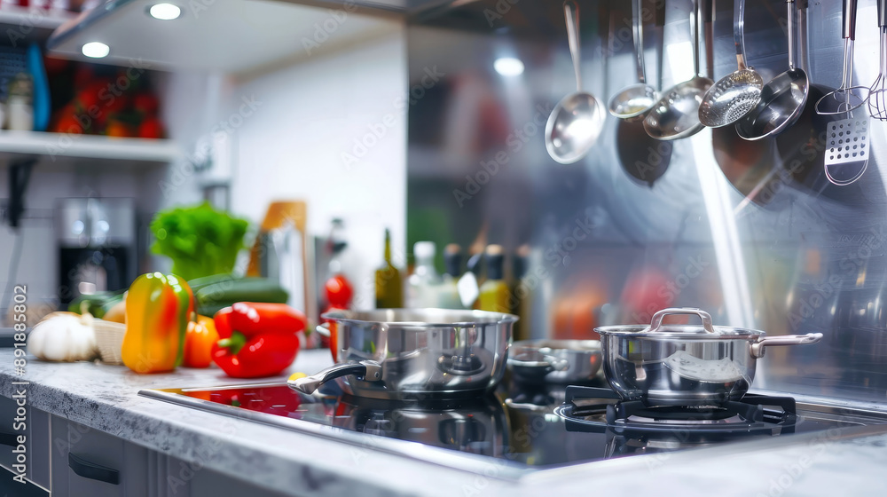 Hanging kitchen utensils: Pans and utensils on a kitchen wall. Hanging kitchen utensils: Pans and utensils on a kitchen wall.
