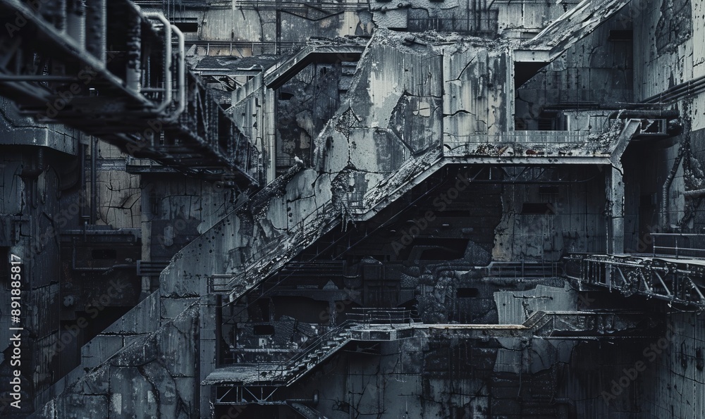 Abstract compositions of industrial ruins in muted grays and blacks, portraying the solemn beauty lost amidst industrial progress Abstract compositions of industrial ruins in muted grays and blacks, portraying the solemn beauty lost amidst industrial progress