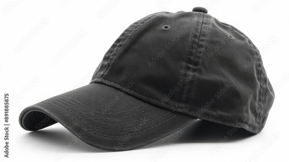 black baseball cap with a curved brim, resting on a white surface, ready for any occasion. black baseball cap with a curved brim, resting on a white surface, ready for any occasion.