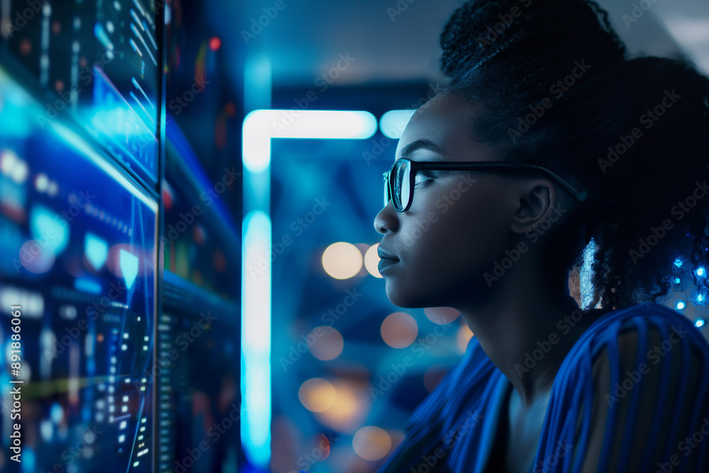 Inclusive image of a black IT ethical hacker software developer working on computer in dark office, Generative AI. African american AI cyber security analyst detecting artificial intelligence threats Inclusive image of a black IT ethical hacker software developer working on computer in dark office, Generative AI. African american AI cyber security analyst detecting artificial intelligence threats