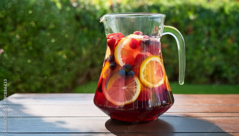 A glass pitcher of citrus berry sangria filled with slices of lemon, lime, and mixed berries A glass pitcher of citrus berry sangria filled with slices of lemon, lime, and mixed berries