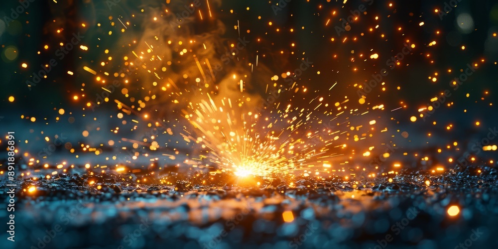 Naklejka premium Welding sparks erupt in a rhythmic dance, their incandescent trails highlighting the welder's skill