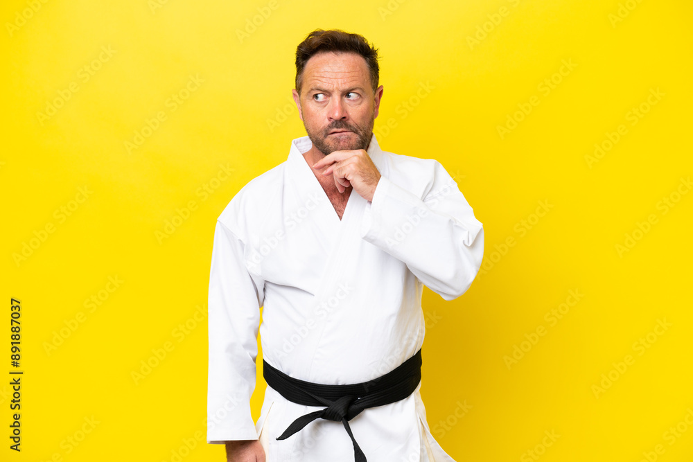 Middle age caucasian man doing karate isolated on yellow background having doubts and thinking Middle age caucasian man doing karate isolated on yellow background having doubts and thinking