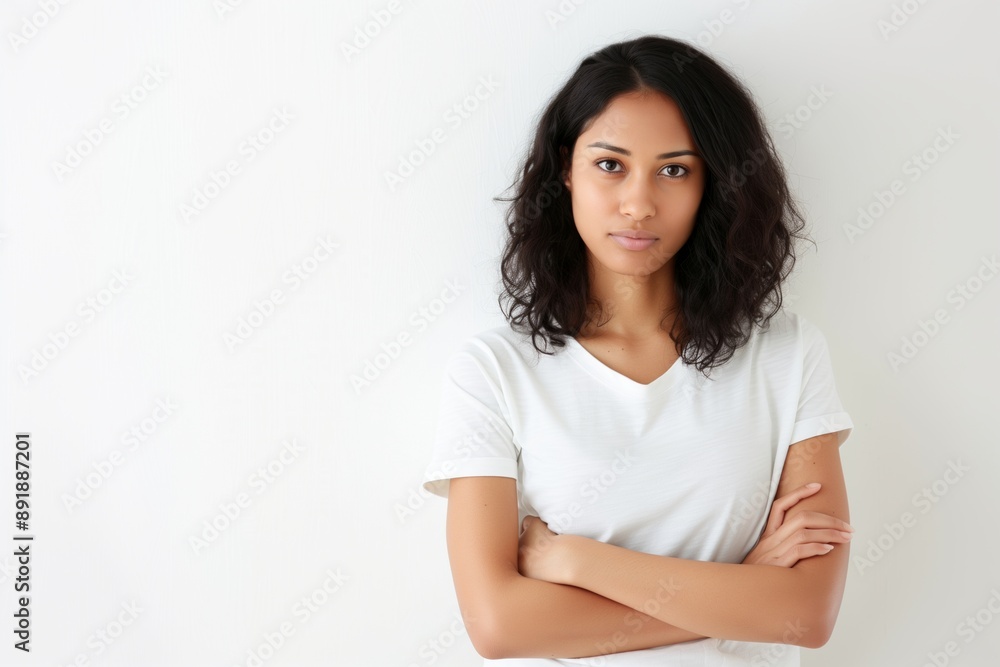 Serene Woman with Arms Crossed in Minimalist Setting Serene Woman with Arms Crossed in Minimalist Setting