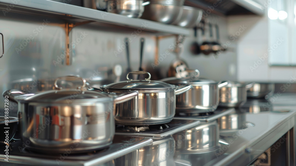 Stainless steel cooking pots on a white induction hob in the kitchen, creating a clean and modern food cooking background. Stainless steel cooking pots on a white induction hob in the kitchen, creating a clean and modern food cooking background.