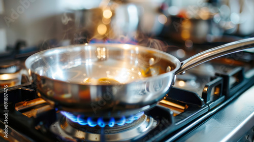 Stainless steel cooking pots on a white induction hob in the kitchen, creating a clean and modern food cooking background.