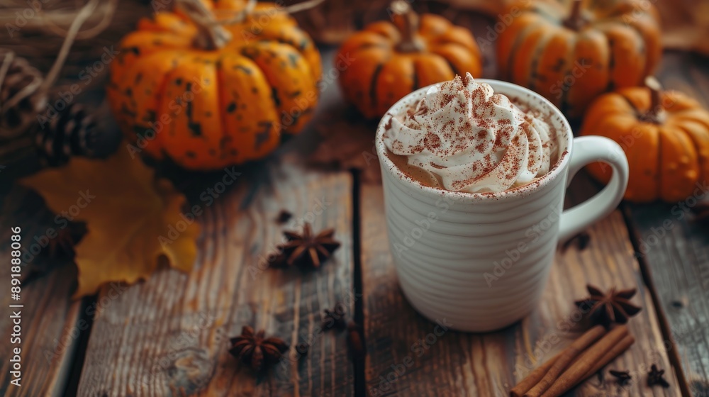 Pumpkin latte with whipped cream and spices on wooden surface with pumpkins blank space Pumpkin latte with whipped cream and spices on wooden surface with pumpkins blank space
