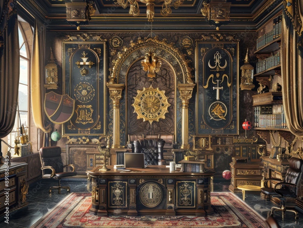 A large room with a desk and a clock A large room with a desk and a clock