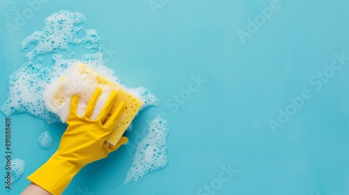 Hand in a yellow rubber glove holds a cleaning sponge and wipes a soapy foam on a blue background. Cleaning concept, cleaning service. Banner. Flat lay, top view  photo