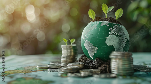 Green Globe with World Map and Stack of Silver Coins: Depicting seedlings growing atop, symbolizing the concept of green business, finance, sustainability investment, carbon credits, money-saving photo