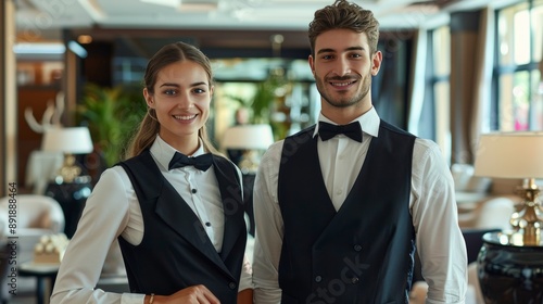 Happy young elegant receptionist and bellboy standing in lounge of luxurious hotel and looking at camera while waiting for new guests  photo