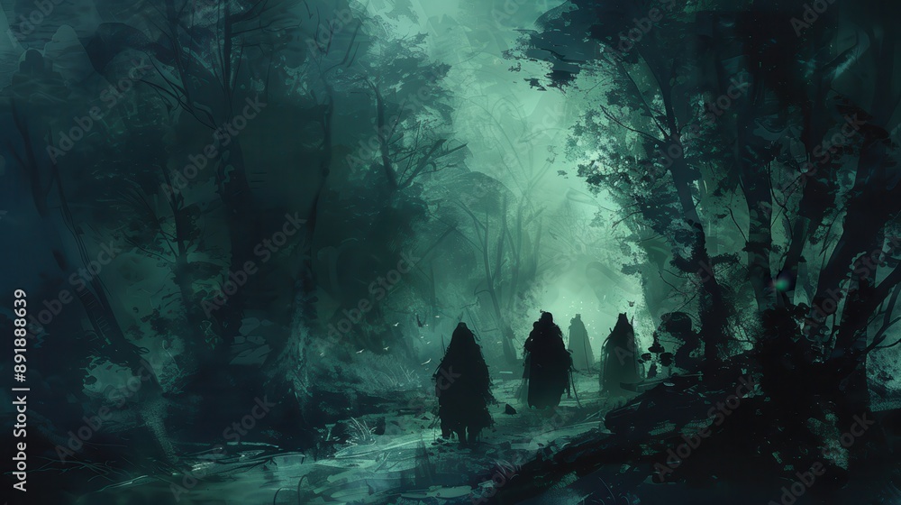 Obraz premium A group of people are walking through a dark forest
