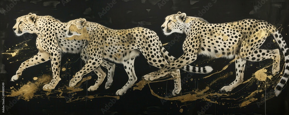 Obraz premium Ethereal Charcoal Cheetahs: A Harmonious Blend of White and Gold Elegance. Stunningly Crafted Aesthetic with Captivating Detail.