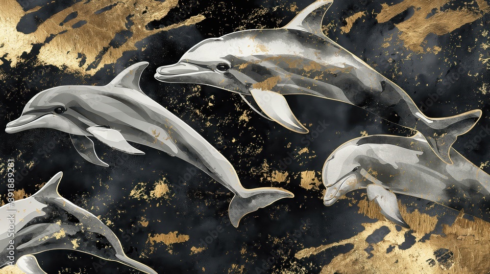 Obraz premium Ethereal Charcoal Dolphins: A Symphony in White and Gold