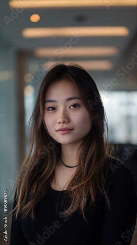 A young woman with long brown hair poses for a portrait