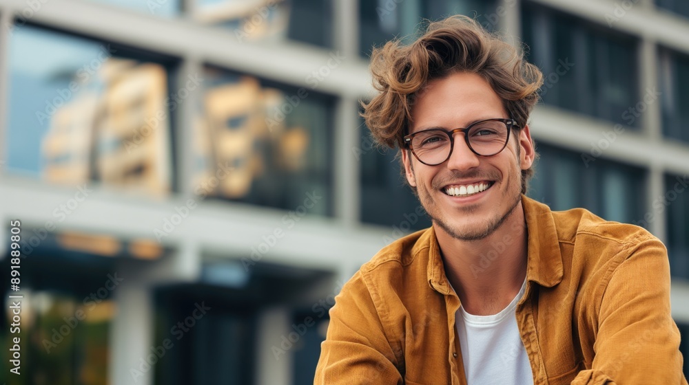 Obraz premium A man smiles while wearing glasses and a yellow jacket