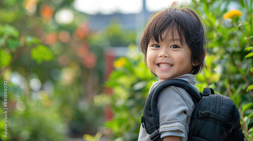 A child wearing a backpack smiles brightly while standing in a lush green garden A child wearing a backpack smiles brightly while standing in a lush green garden