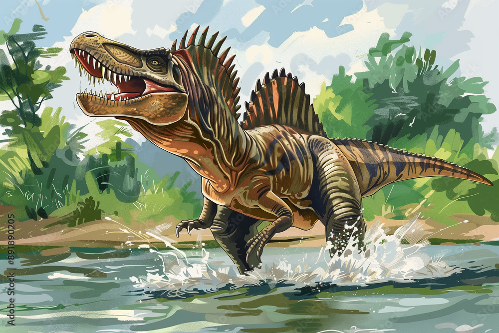Spinosaurus massive predator emerging from prehistoric waters to hunt prey in a deadly way Spinosaurus massive predator emerging from prehistoric waters to hunt prey in a deadly way