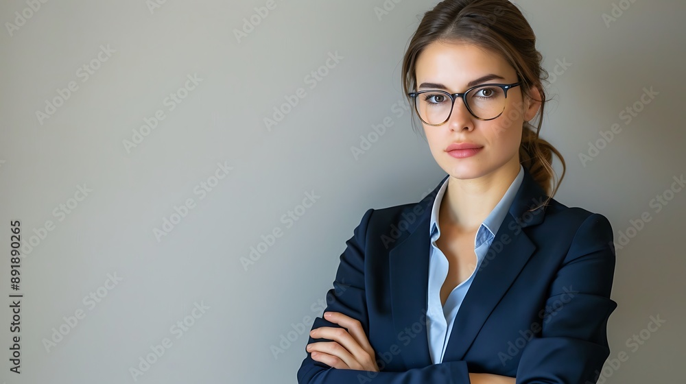 Business executive with a serious demeanor wearing a navy blue suit and glasses standing with arms crossed in a corporate office setting demonstrating strong leadership and professionalism Business executive with a serious demeanor wearing a navy blue suit and glasses standing with arms crossed in a corporate office setting demonstrating strong leadership and professionalism