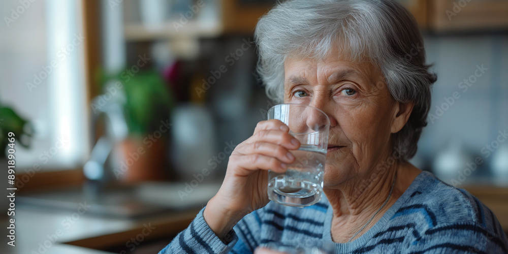 Senior woman holding glass drinking fresh water at home Senior woman holding glass drinking fresh water at home