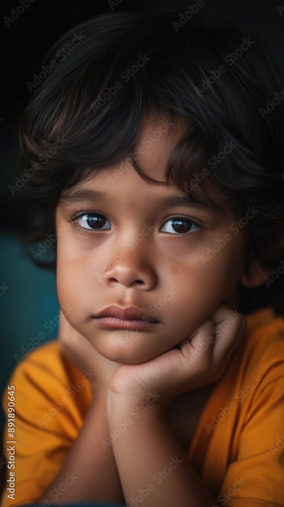 A young boy rests his chin on his hand, looking thoughtfully at something off-camera A young boy rests his chin on his hand, looking thoughtfully at something off-camera