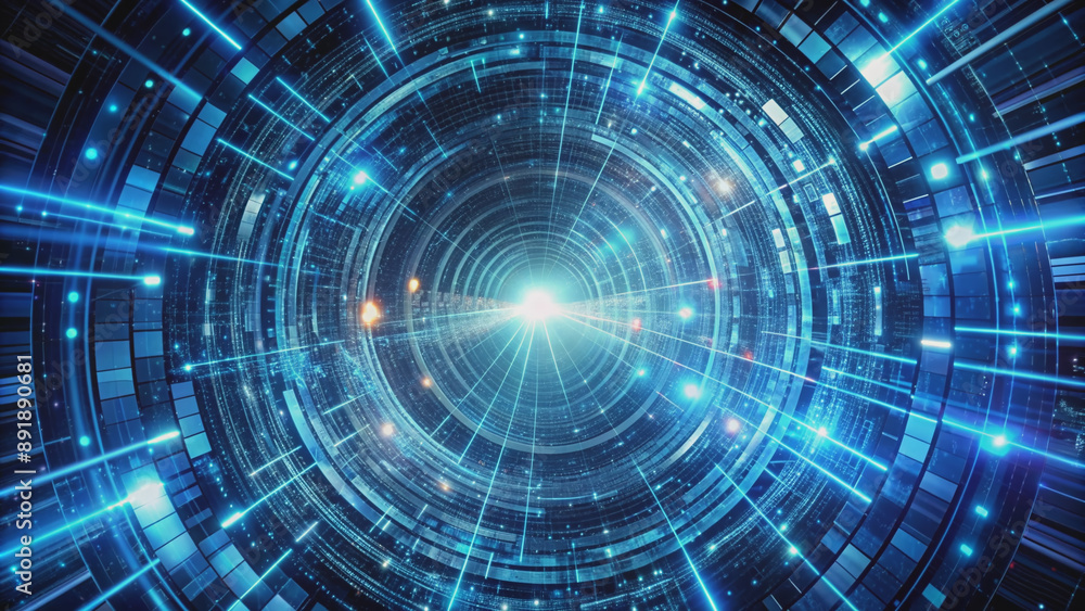 Futuristic tunnel filled with glowing blue lines of code and pulsing lights, creating a mesmerizing digital vortex, symbolizing innovation and technological advancement. Futuristic tunnel filled with glowing blue lines of code and pulsing lights, creating a mesmerizing digital vortex, symbolizing innovation and technological advancement.