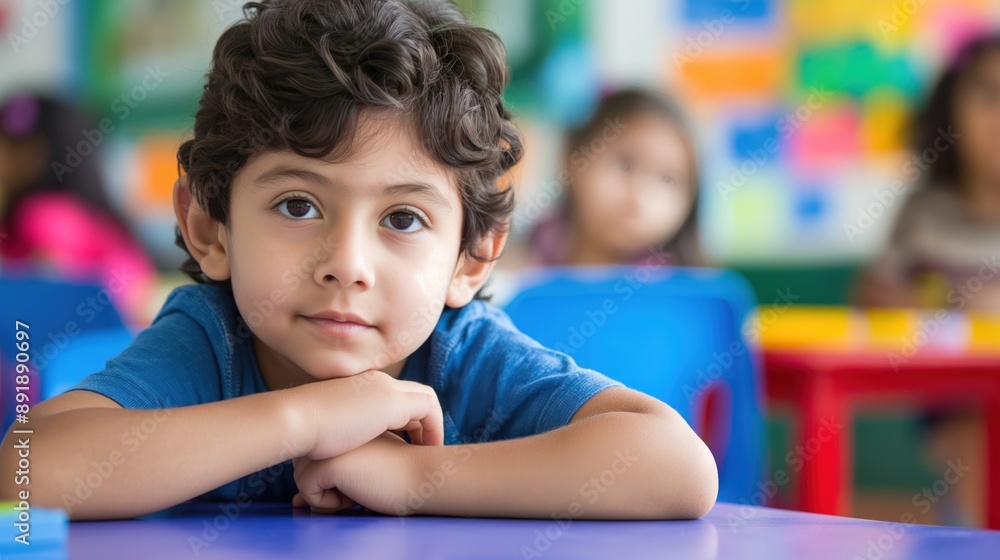 A young boy sits at a desk in a classroom, with his arms crossed and looking at the camera A young boy sits at a desk in a classroom, with his arms crossed and looking at the camera