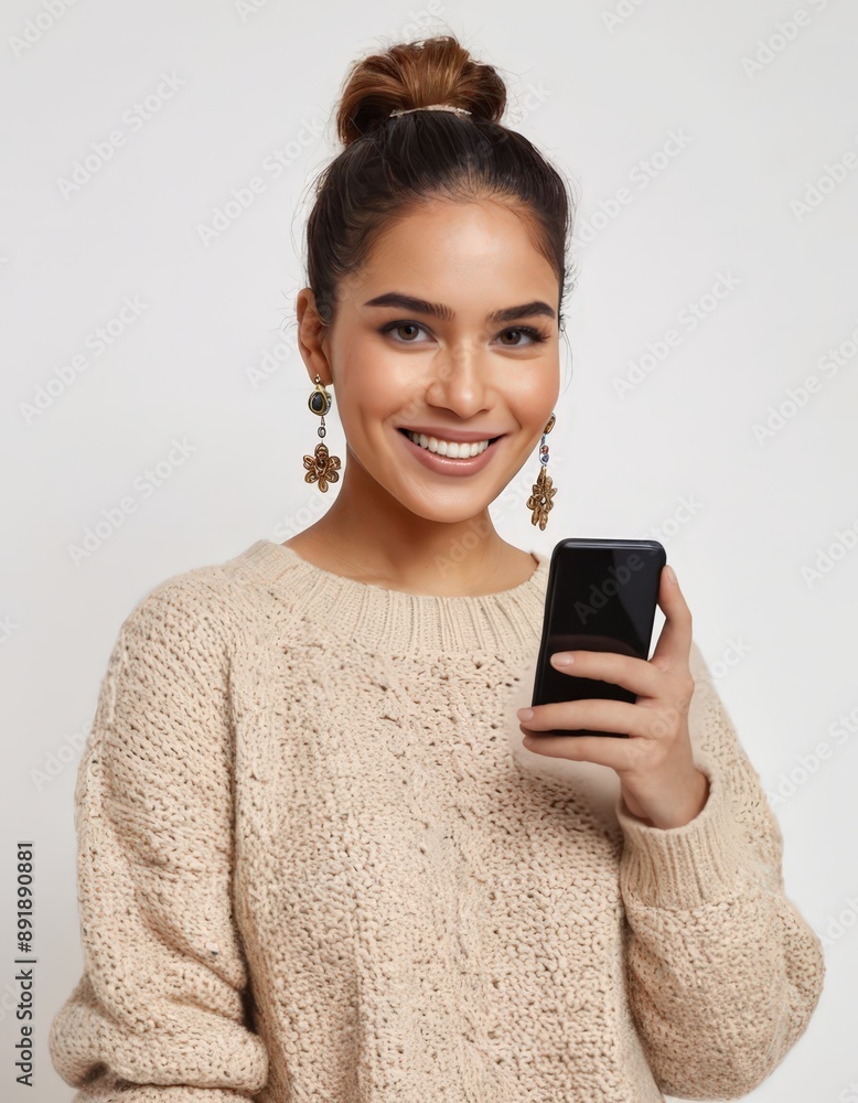 A girl holding a smartphone and smiling at the camera. A girl holding a smartphone and smiling at the camera.