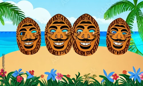Hawaiian totem tiki mask. Hawaii or Polynesian island ancient native tribal statue head with cute scary faces. Cartoon vector set of traditional Mayan indigenous culture wooden ritual sculpture.