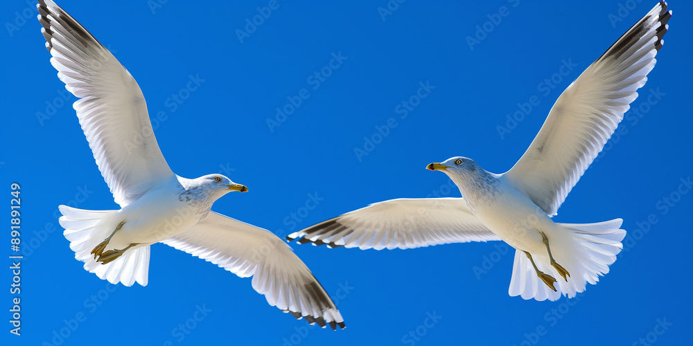 Obraz premium Two seagulls flying gracefully with wings spread against a vibrant blue sky