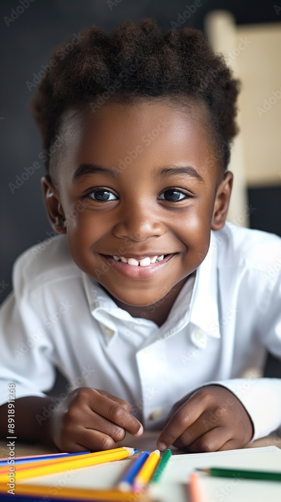 A young Black boy smiles while coloring with crayons at a desk A young Black boy smiles while coloring with crayons at a desk