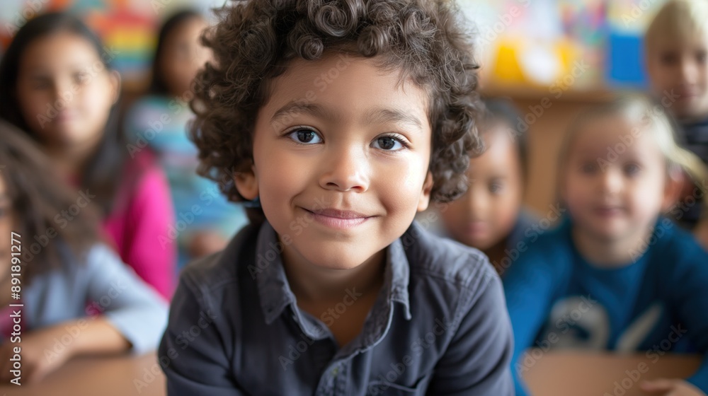 A young boy sits in a classroom and smiles at the camera A young boy sits in a classroom and smiles at the camera