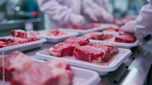 Fresh beef being processed by workers in a clean, efficient facility. Focus on quality and precision ensures top-grade meat products. 🍖👨‍🍳✨ photo