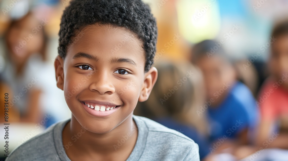 A young Black boy smiles at the camera in a classroom A young Black boy smiles at the camera in a classroom