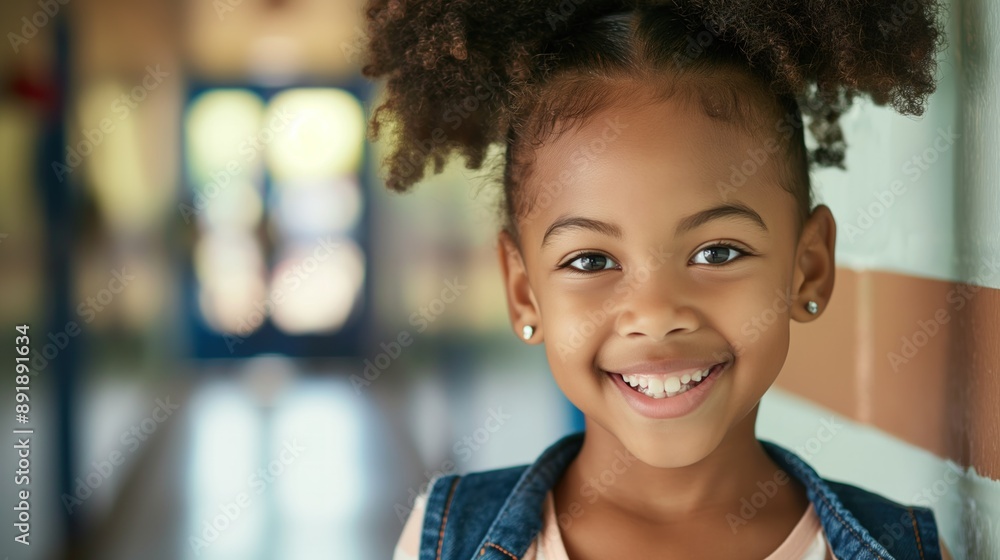 A young Black girl with an afro hairstyle smiles while standing in a school hallway A young Black girl with an afro hairstyle smiles while standing in a school hallway