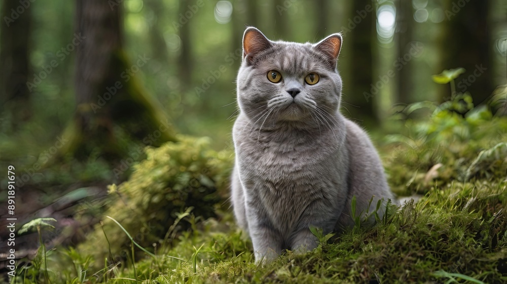 Scottish Fold Shorthair Cat Sitting in a Mossy Forest Clearing Scottish Fold Shorthair Cat Sitting in a Mossy Forest Clearing