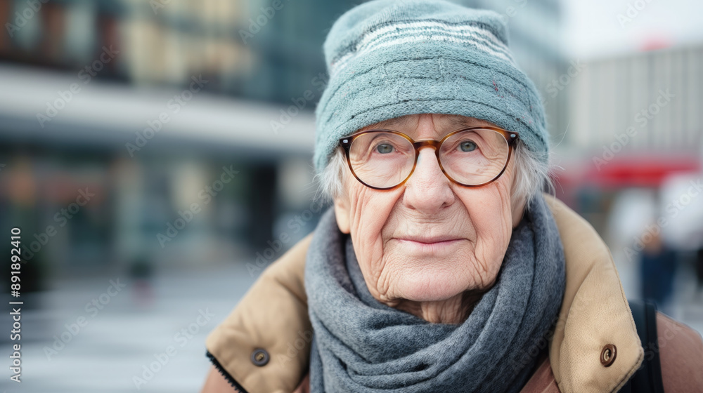 A close-up portrait of an older woman wearing a blue knit hat, glasses, and a scarf A close-up portrait of an older woman wearing a blue knit hat, glasses, and a scarf