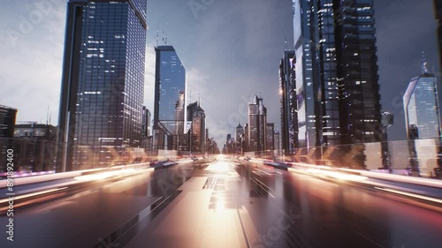 Futuristic City with Skyscrapers and Road Sci-Fi Cinematic Background Loop
