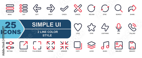 Simple UI icon set.2 line color style.contains right,button,cancel,option,left,gallery,photo,memory.and many more.
